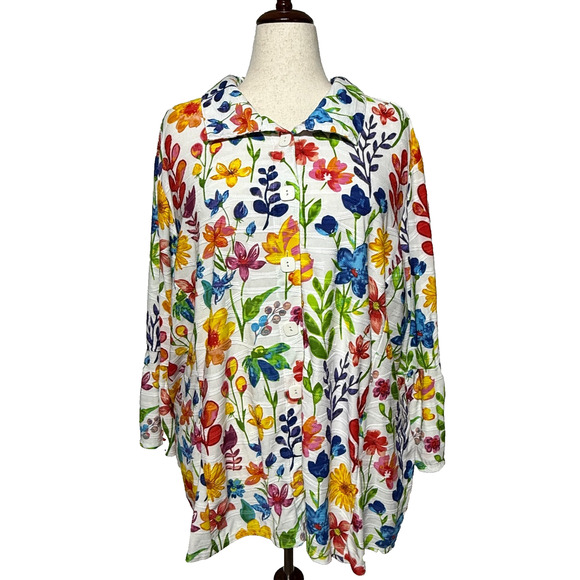 Ali Miles Top 3X White Blue Colorful Floral Button Up Stretch Bell Sleeve Career - Picture 2 of 10
